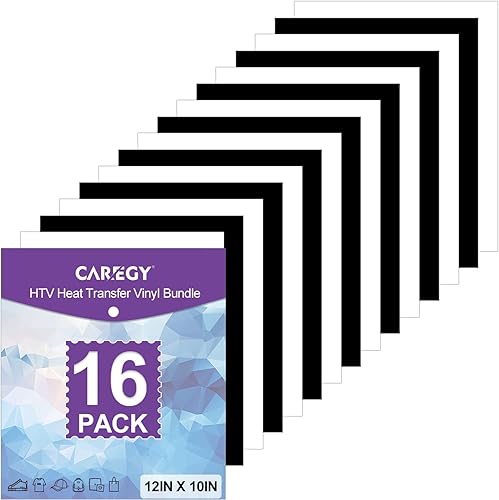 CAREGY Vinilo de transferencia de calor HTV para planchar en camisetas de 12 x 10 pulgadas, 16 hojas (blanco y negro)