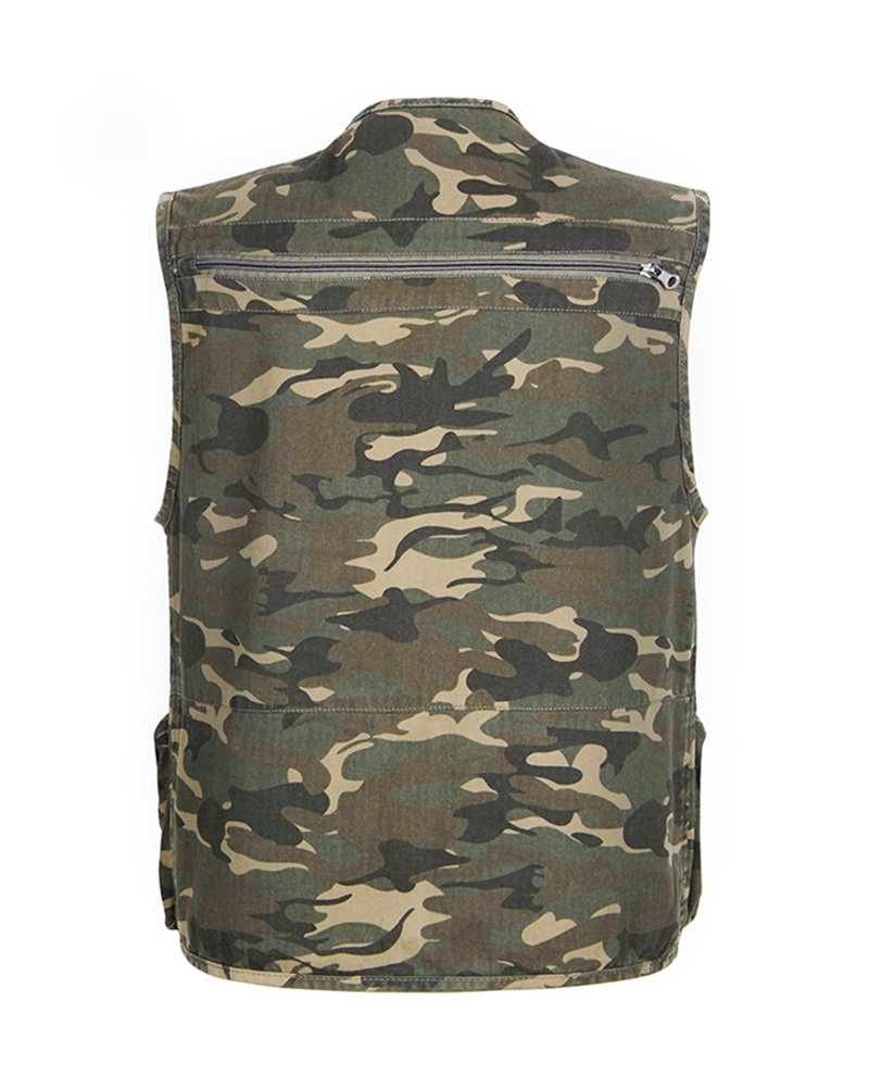 Uomo Outdoor Multi-Intascato Caccia E Gilet da Pescatore Colletto A V Zip Camuffamento Gilet Multifunzionale