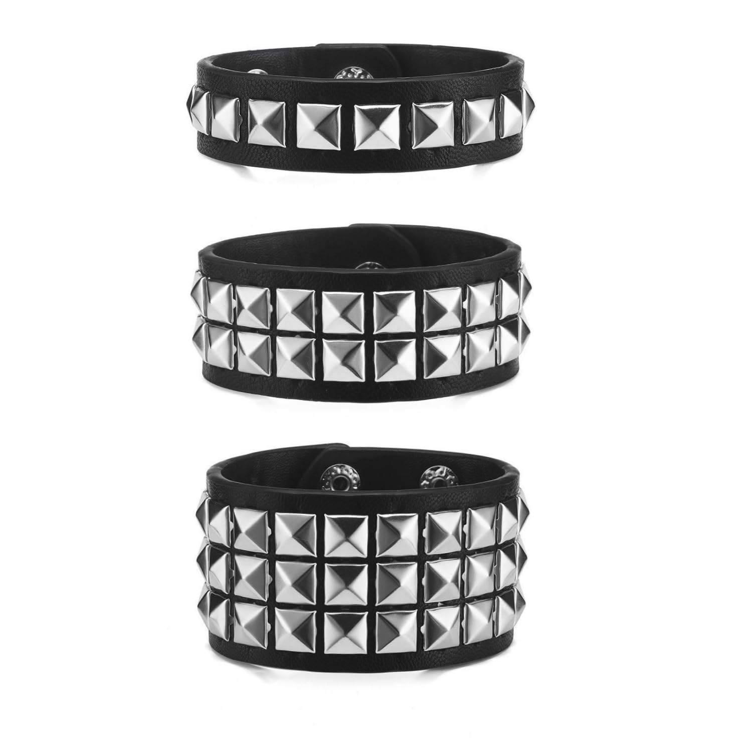 Fenglin-joy 3pcs Black Punk Leather Bracelet Set for Men and Women