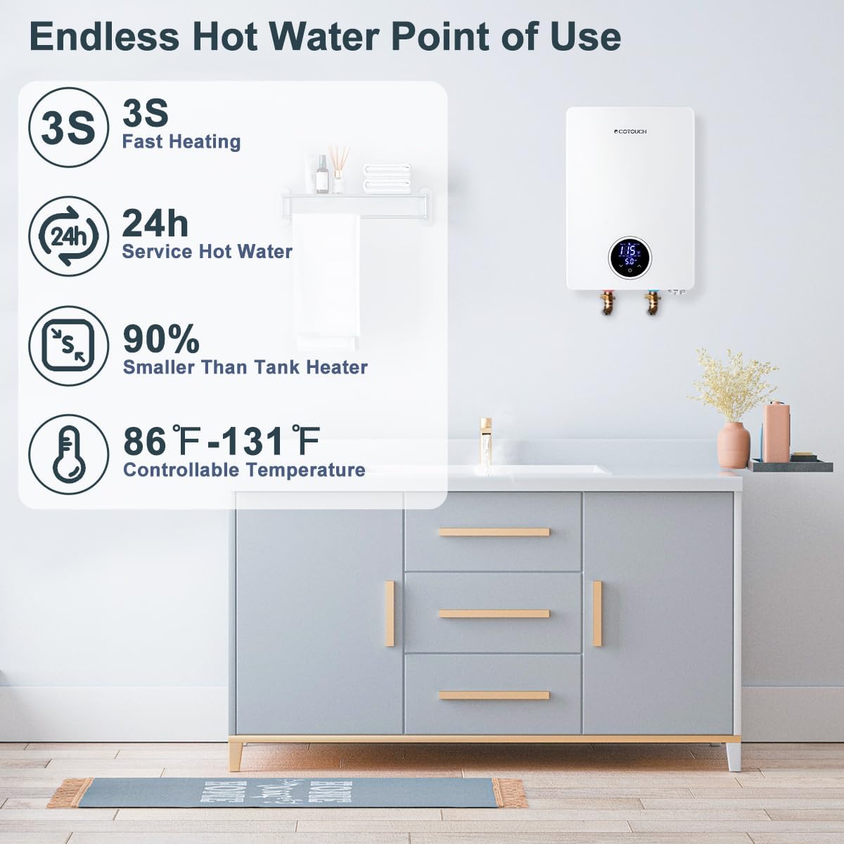 Tankless Water Heater, ECOTOUCH 27kW 240V Water Heater Electric Hot Water Heaters, Instant Hot Water with Self-Modulating, Up to 6.5GPM for 2-4 Point of Use, ETL Certified, ECO270S White