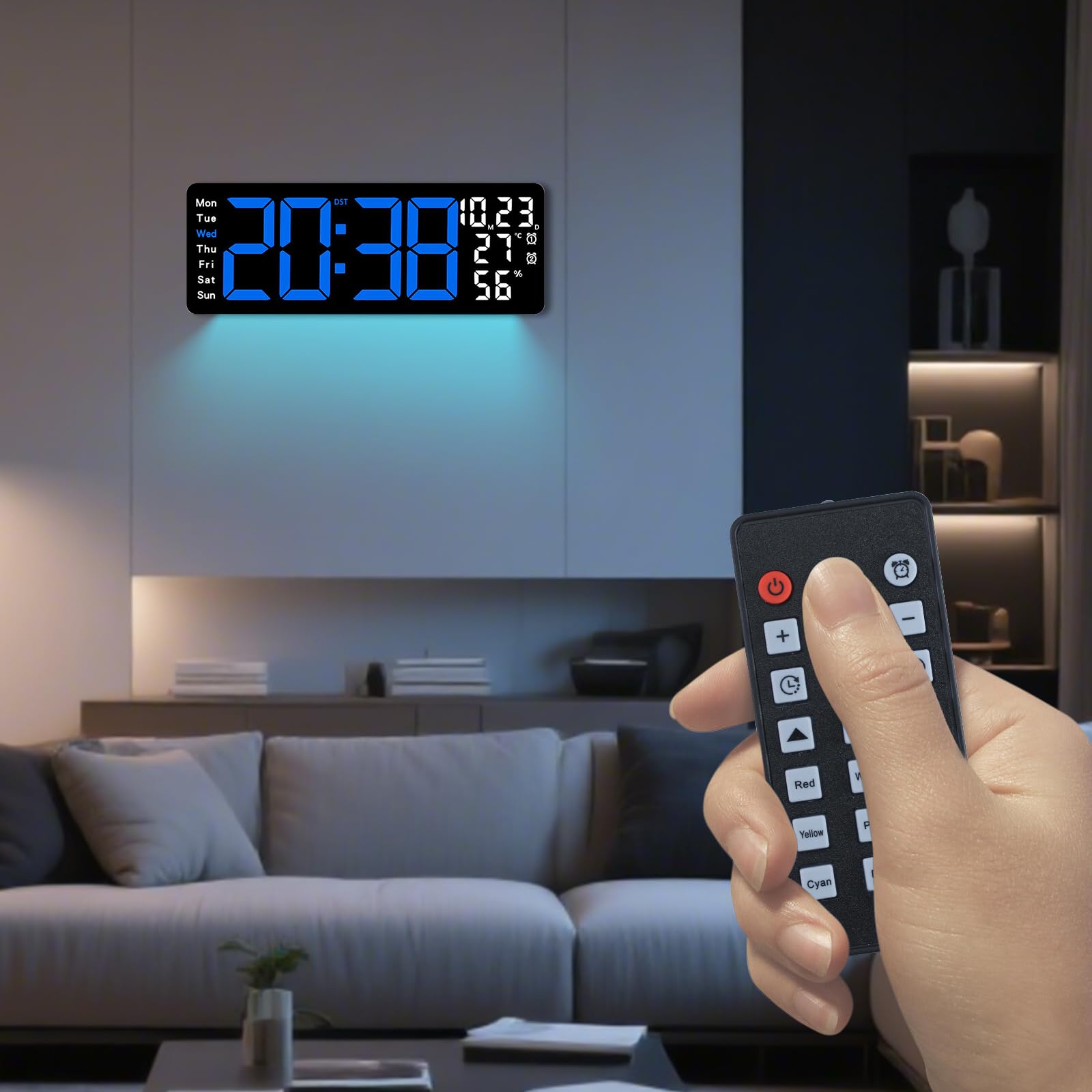 Digitale Wanduhr, großes Display, 43,9 cm (17,3 Zoll) Digitaluhr mit RGB-Farb-Fernbedienung, automatische Dimmung, große Wanduhr mit Nachtlicht, automatische DST, Datum, Woche, Temperatur für