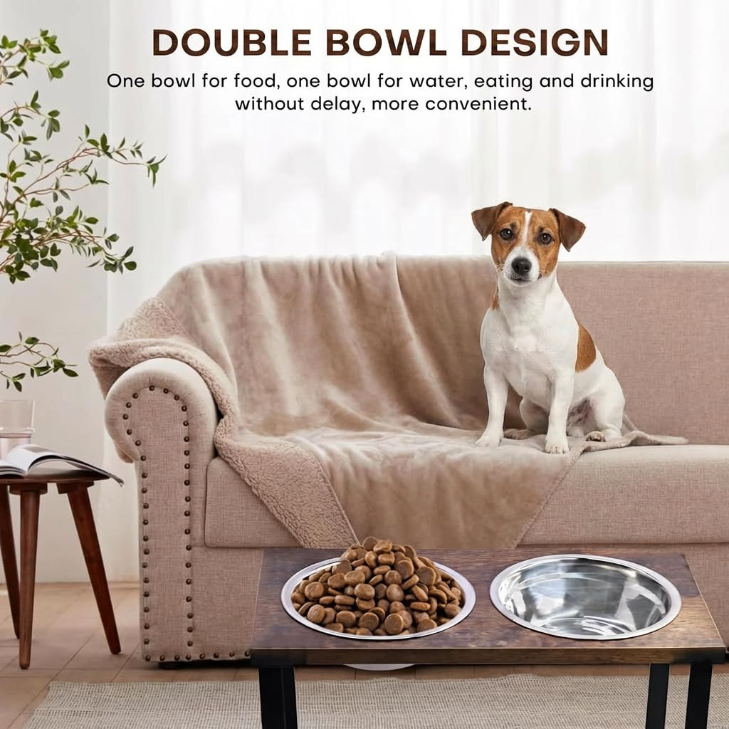 Soporte elevado para cuencos para perros medianos y grandes, comedero elevado de MDF con 2 cuencos de acero inoxidable, juego de platos inclinados para comida y agua para perros, estación de