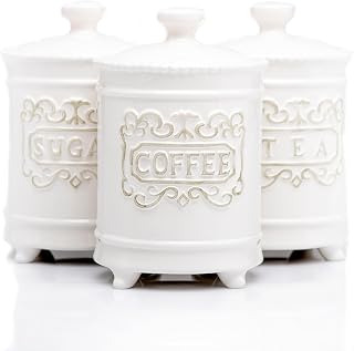 25DOL 35oz Ceramic Coffee Tea Sugar Canisters Set of 3 - Airtight Lids, Engraved Labels, Stable Feet for Elegant Kitchen Storage