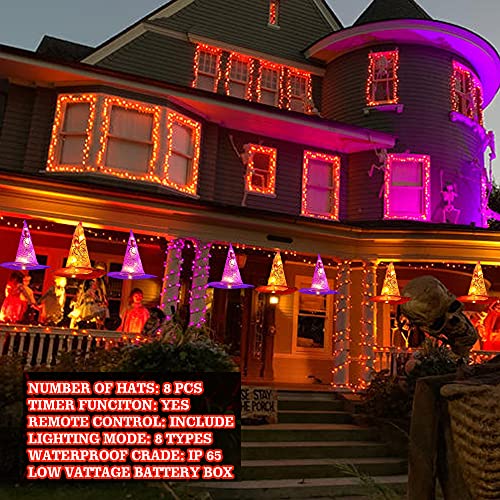 Image of Dazzle Bright 8 Pcs Hanging Witch Hat String Lights, Light Up Waterproof Halloween Decorations with Remote Control for Outdoor Garden Party Carnival Supplies Decor