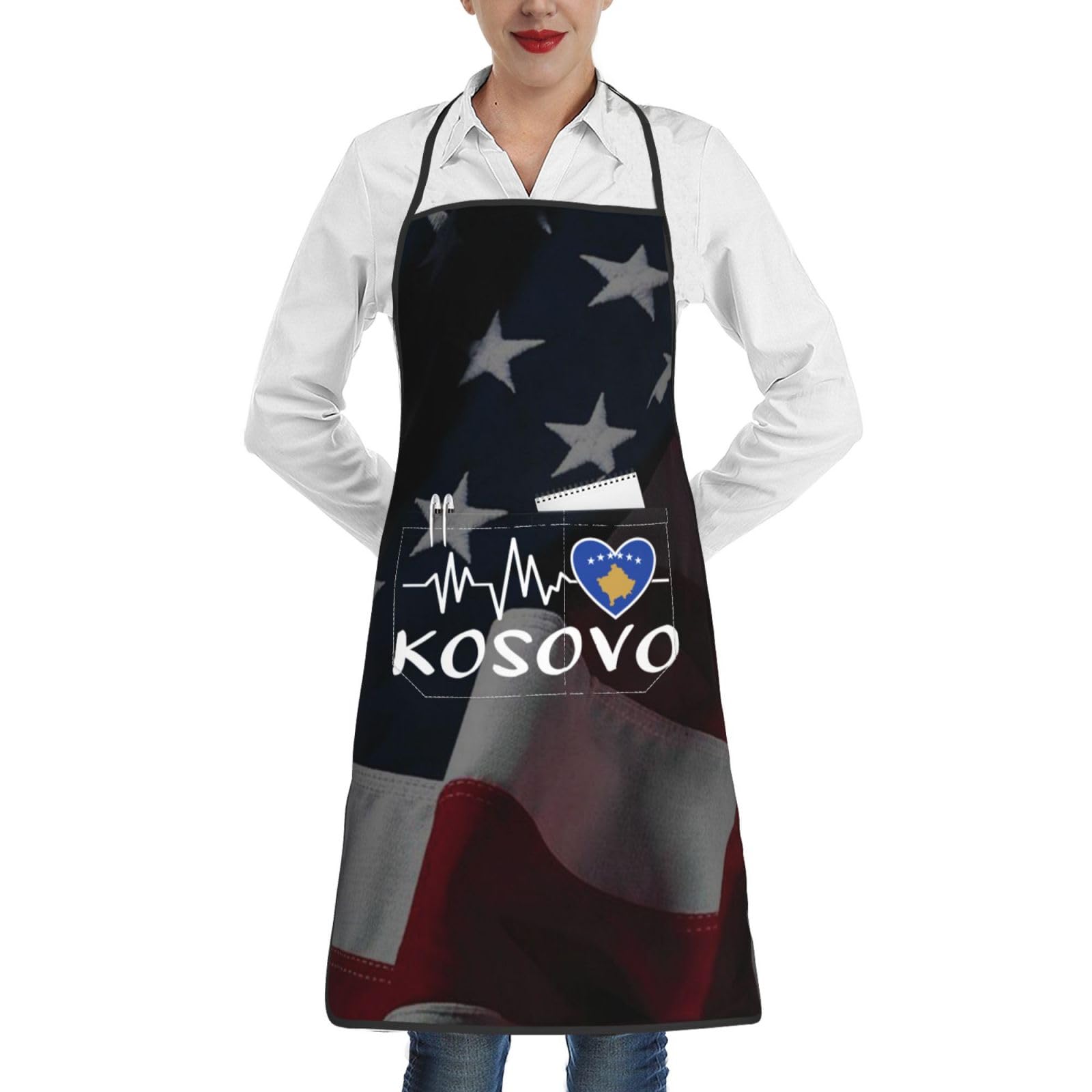 nopicsn Kosovo Heartbeat Apron for cooking with Pockets Women Men Kitchen Chef Funny Aprons