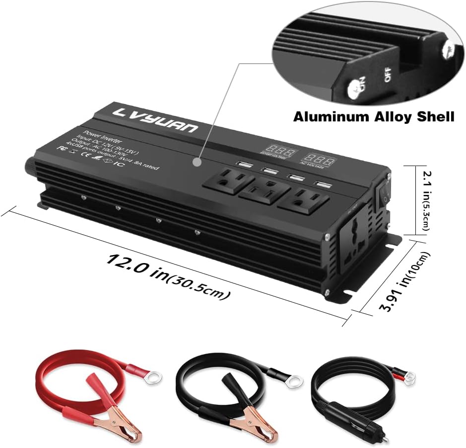 Image showing the dimensions of the LVYUAN 1000W inverter: 12.0 inches (30.5 cm) long, 3.91 inches (10 cm) wide, and 2.1 inches (5.3 cm) high. A close-up highlights the aluminum alloy shell.