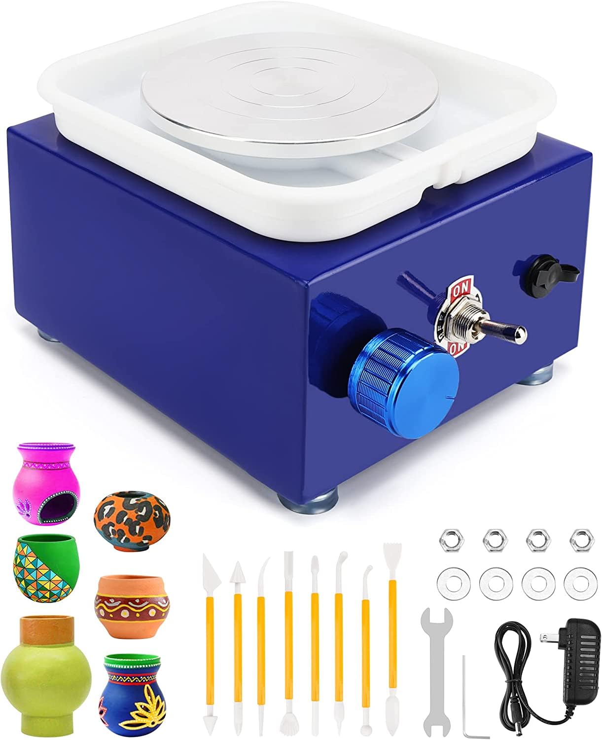 Elektrische Töpferscheibe Töpferset Drehscheibe 2000 U/min Einstellbare Mini Keramikscheibe mit Abnehmbarem Becken für DIY Töpferanfänger Töpferstudio