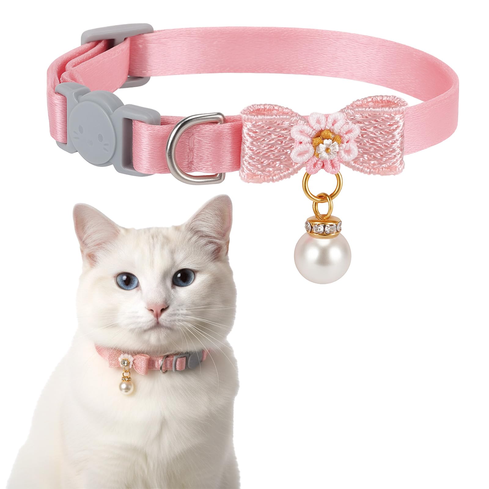 Collar de Gato Breakaway, Collar de Gato Rosa Ajustable con Colgante de Perla, Bonitos Collares de Gato con Hebilla de Seguridad, Collares de Gatito Rosa para niñas y Gatos