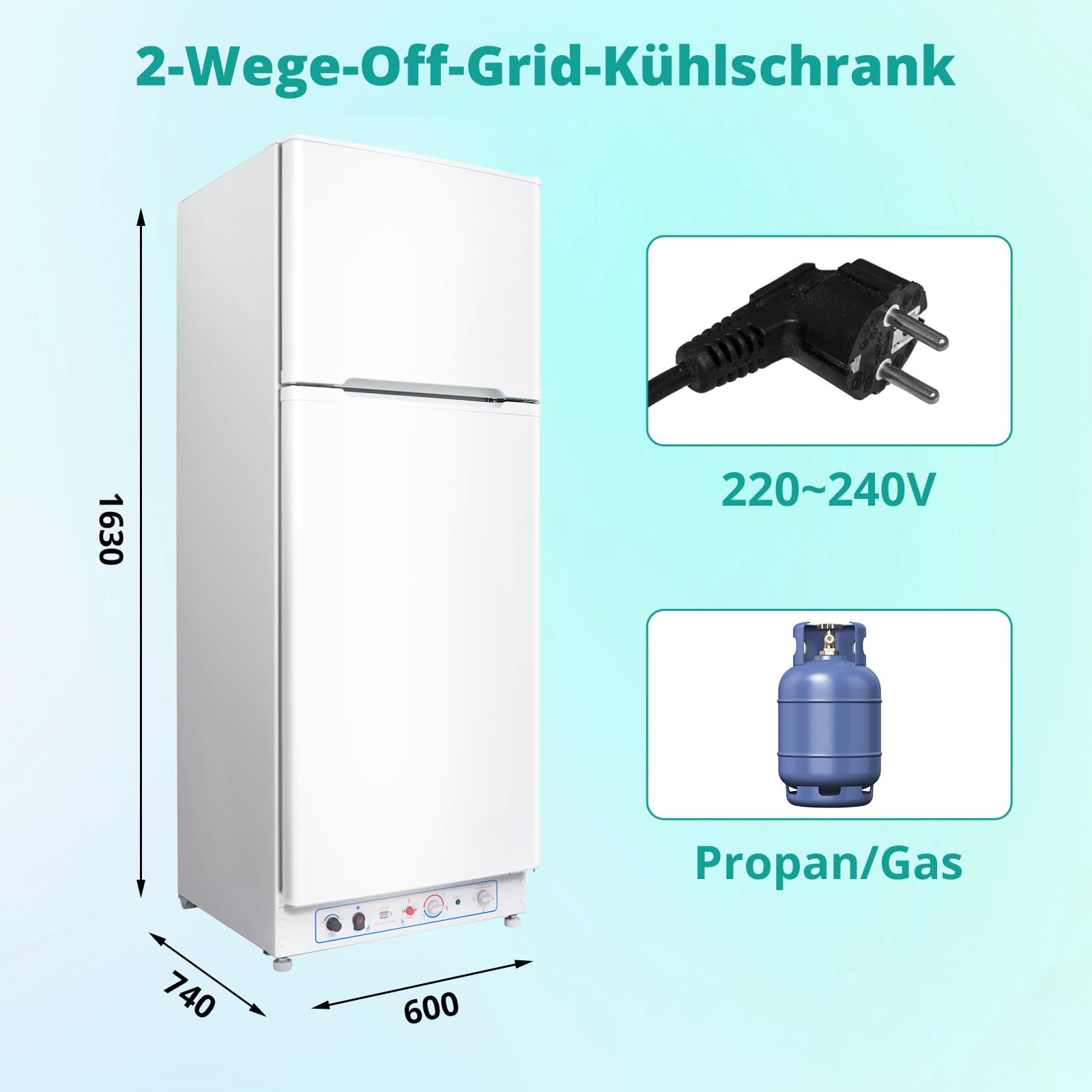 SMETA Gas Kühlschrank mit Gefrierfach 265L, Gas/230V, Kühl-Gefrierkombination für Ferienhaus Gîte Garage Wohnwagen Wohnmobil, Weiß