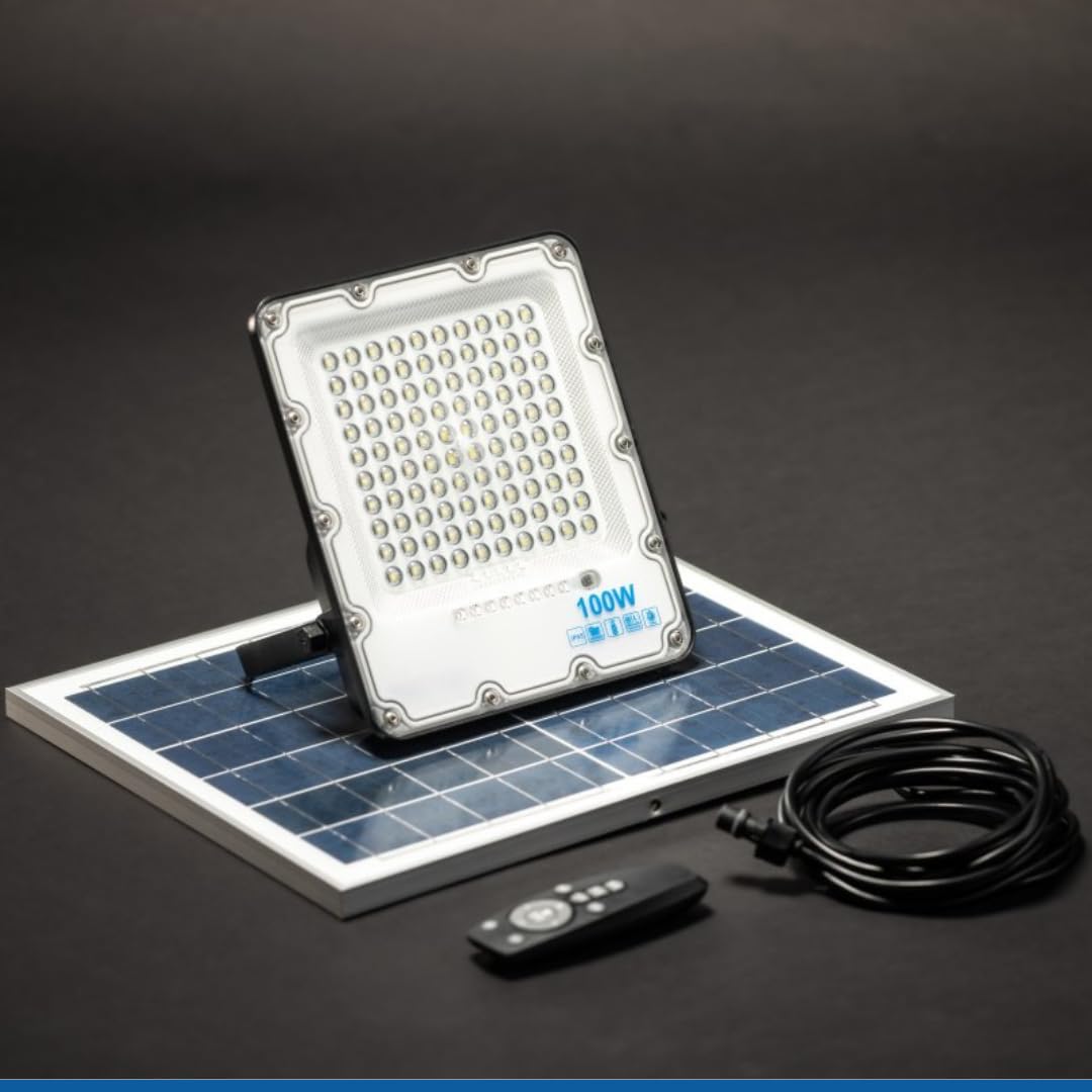 GTV - Solar-LED-Strahler BRAVOS | Solarlampen für Außen | Solar Strahler IP65 Wasserdichte |200W, 2000lm, 6400K, IP65, 120°, Solarpanel, Fernbedienung, Schwarz
