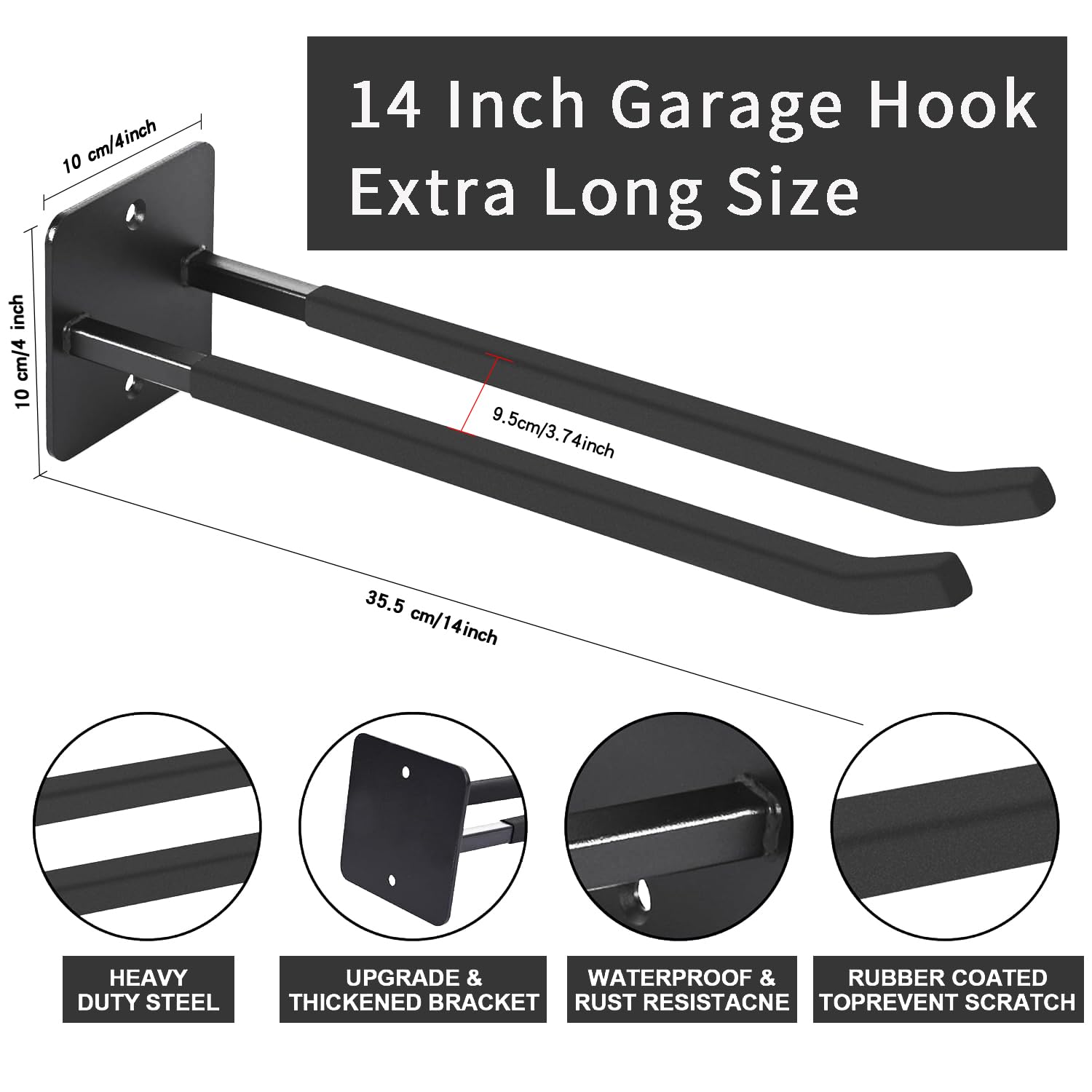 GSYJMRH 4 Pack Garage Hooks Heavy,Duty Wall Mount Organizer,14 Inches Extra Large Garage Storage Hooks for Hanging Yard Tools,Car Tires, Ladders,Chairs,Strollers
