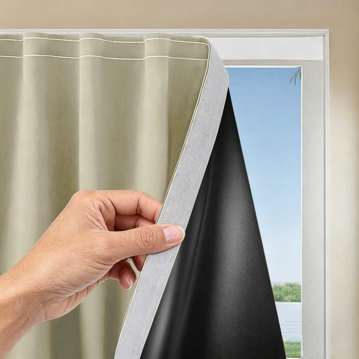 100% Blackout Blind, Self Adhesive Curtains Portable Blackout Blind for Windows Living Room Bedroom Nursery Loft RV Car, Hook & Loop Strip, No Drilling (136W x 260H cm,Beige)