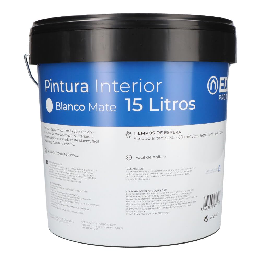 EDM 25401 Pintura Plastica Mate Interior, 15 l, Blanco