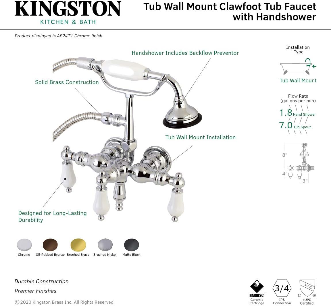 Aqua Vintage AE23T5 Vintage 3-3/8 Inch Wall Mount Tub Faucet with Hand Shower, Oil Rubbed Bronze
