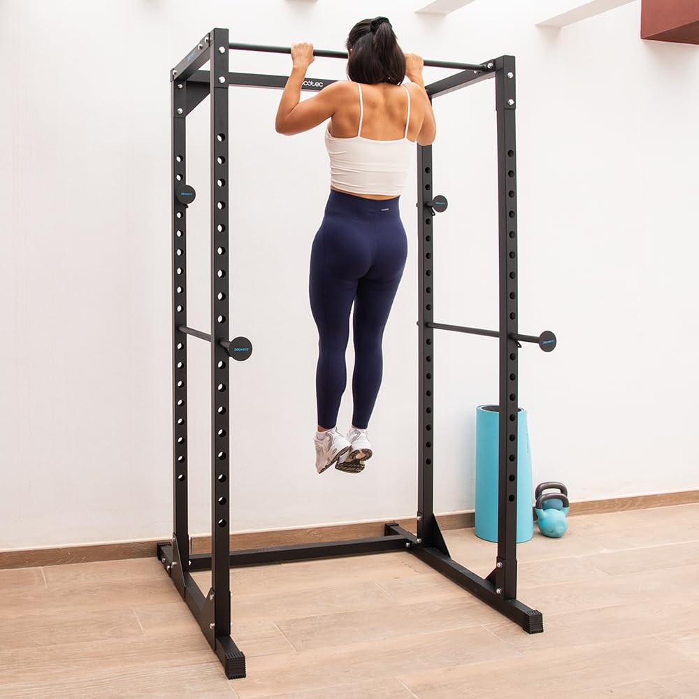 Cecotec Torre y Jaula Multiestación de Musculación, Rack de Dominadas y Fondos Drumfit PullUps 4000 Power Tower. Acolchado y con Agarres Antideslizantes, Altura Ajustable, Máximo Peso 120Kg
