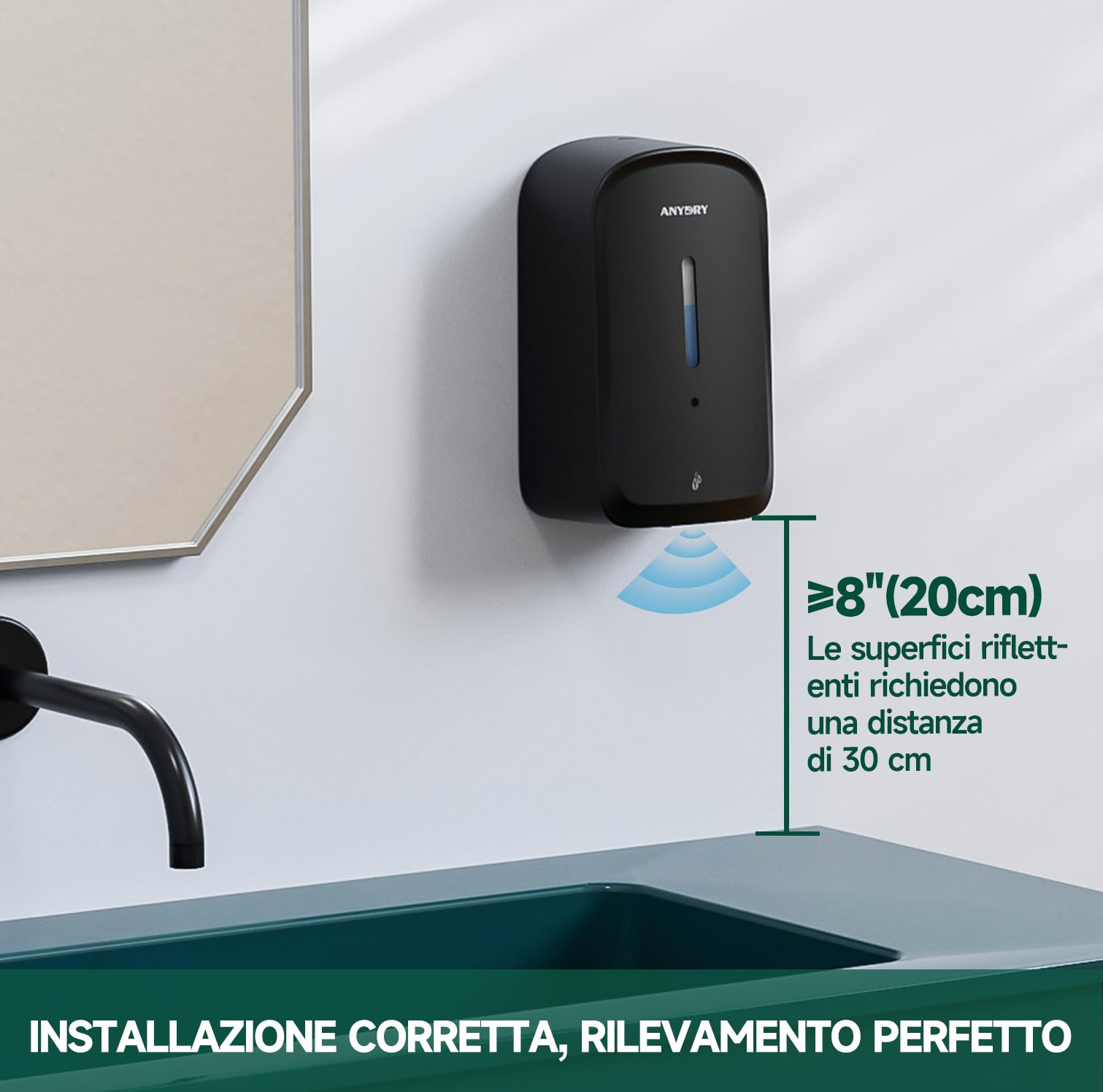 anydry Distributore automatico di sapone liquido professionale da 1000 ml, montaggio a parete, senza contatto, per bagni ad alto traffico, uffici, ospedali, modello 1220S Nero