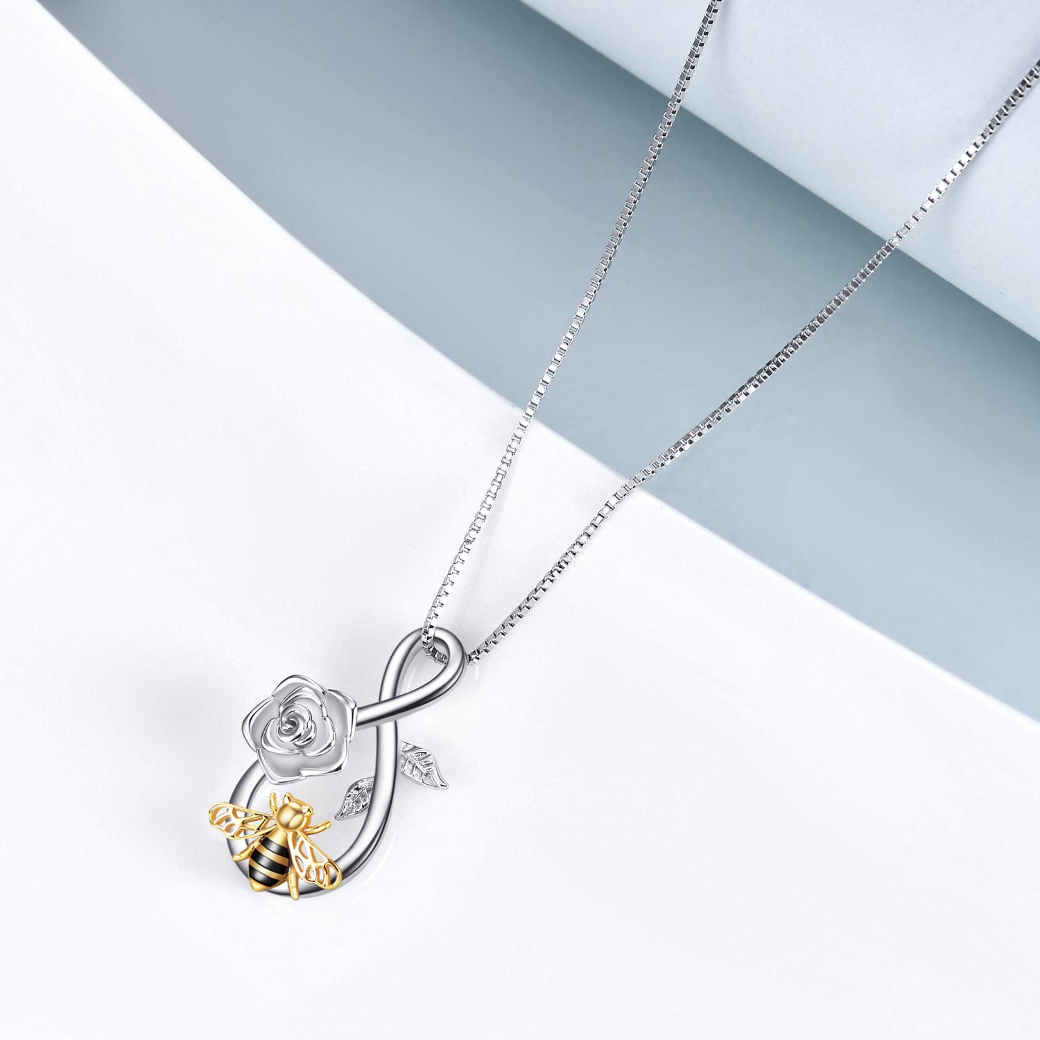 YAFEINI Bee Necklace Sterling Silver Infinity Love Bee Pendant Necklace with Rose Flower Jewellery Gifts for Women Teens