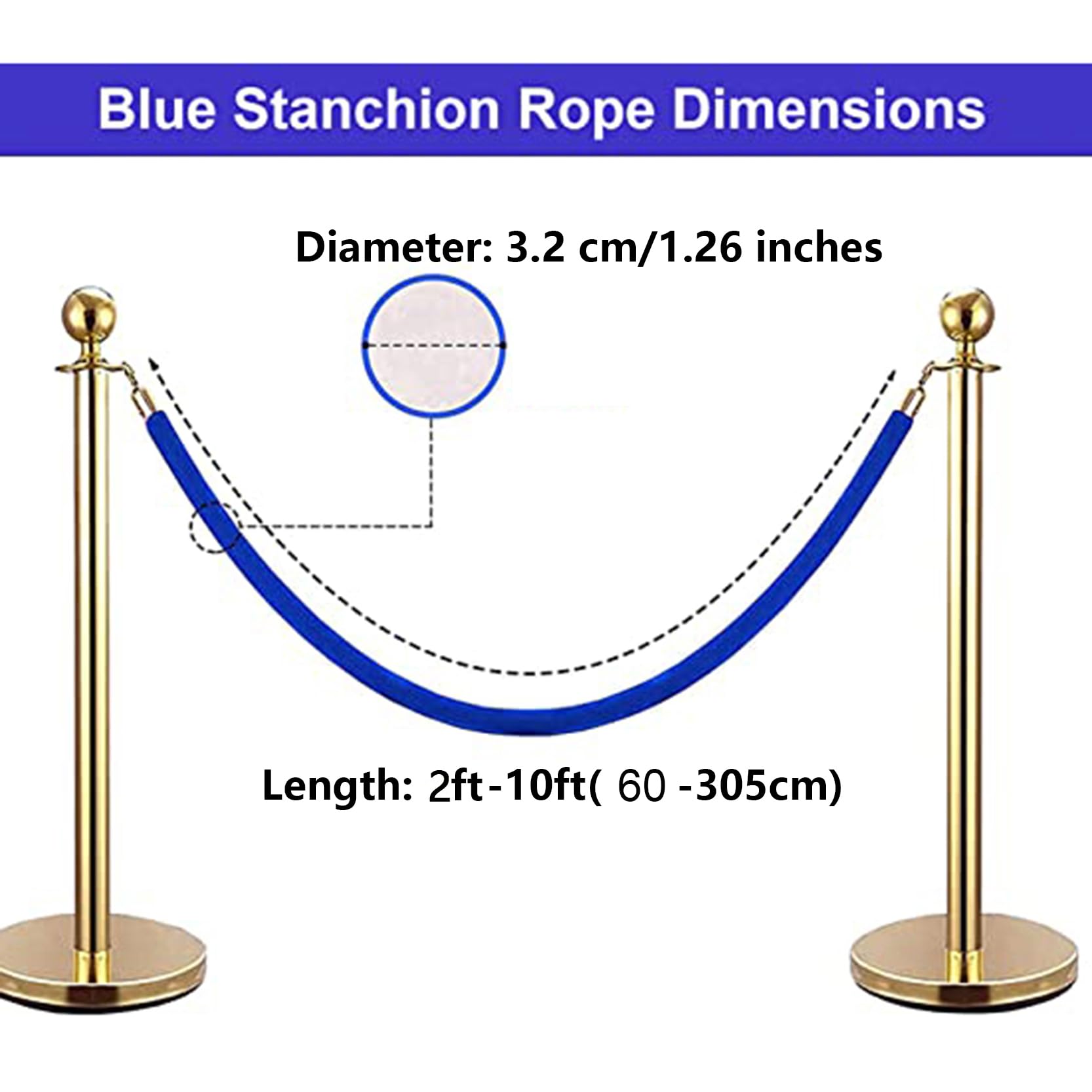 Corde de Velours Bleu 2 Pièces avec Mousquetons pour Contrôle des Foules 90cm