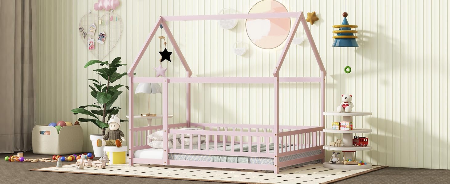 Full Size House Floor Wooden Bed with Roof Frame, Safety Guardrails,Pink