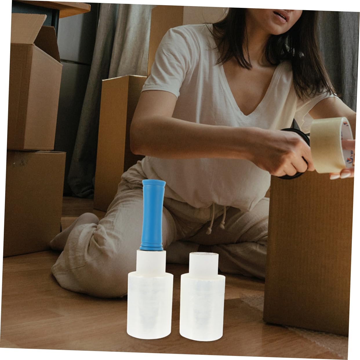 Gadpiparty Membrana de Manija Retráctil Rollo de Film Estirable Transparente para Mudanzas Film Industrial con Asa Color Aleatorio para Embalar Cajas y Objetos Grandes