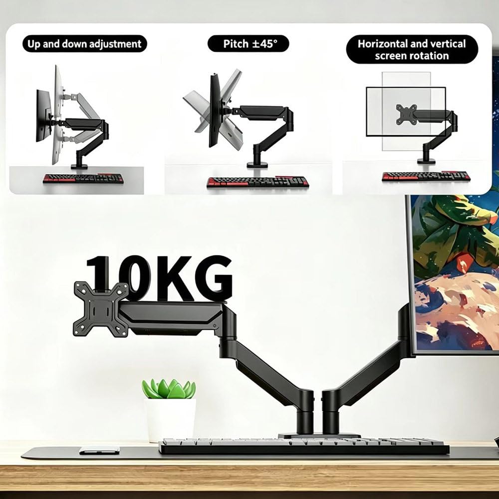 Supporto Per Doppio Monitor, Braccio Ergonomico Da Scrivania Per Monitor Da 17 A 32 Pollici – Portata Fino A 10 Kg (22 Lbs) – Regolabile In Altezza, Girevole, Inclinabile E Ruotabile Black