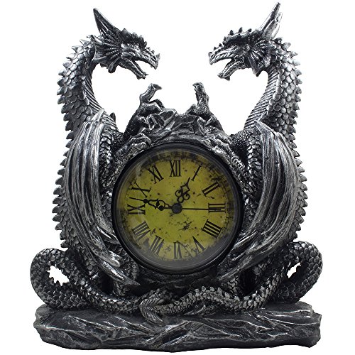 Mythical Dragon Duo Desk Clock In Metallic Look And Antique Face With Roman Numerals For Desktop, Shelf & Mantle As Gothic Medieval Decor Or Decorative Office Gifts #TOP5