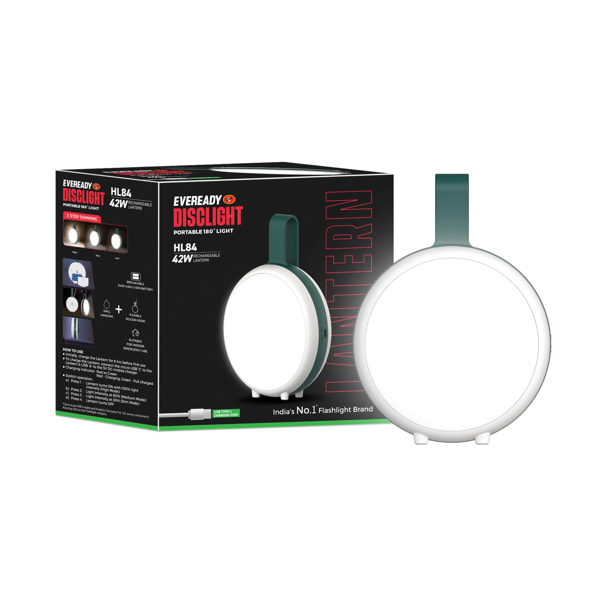 eveready disclight hl84, 42w emergency rechargeable lantern, 180° illumination, usb type-c charging, durable abs build, silicon hook, overcharge & deep discharge protection, pack of 1
