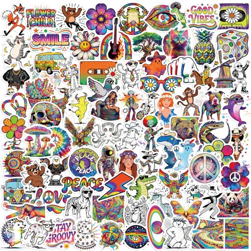 100 Pcs Cool Trippy Hippie Stickers Pack for Adults Teens - Vinyl Aesthetic Decals for Water Bottles Laptops Journal Scrapbook Kindle Cases