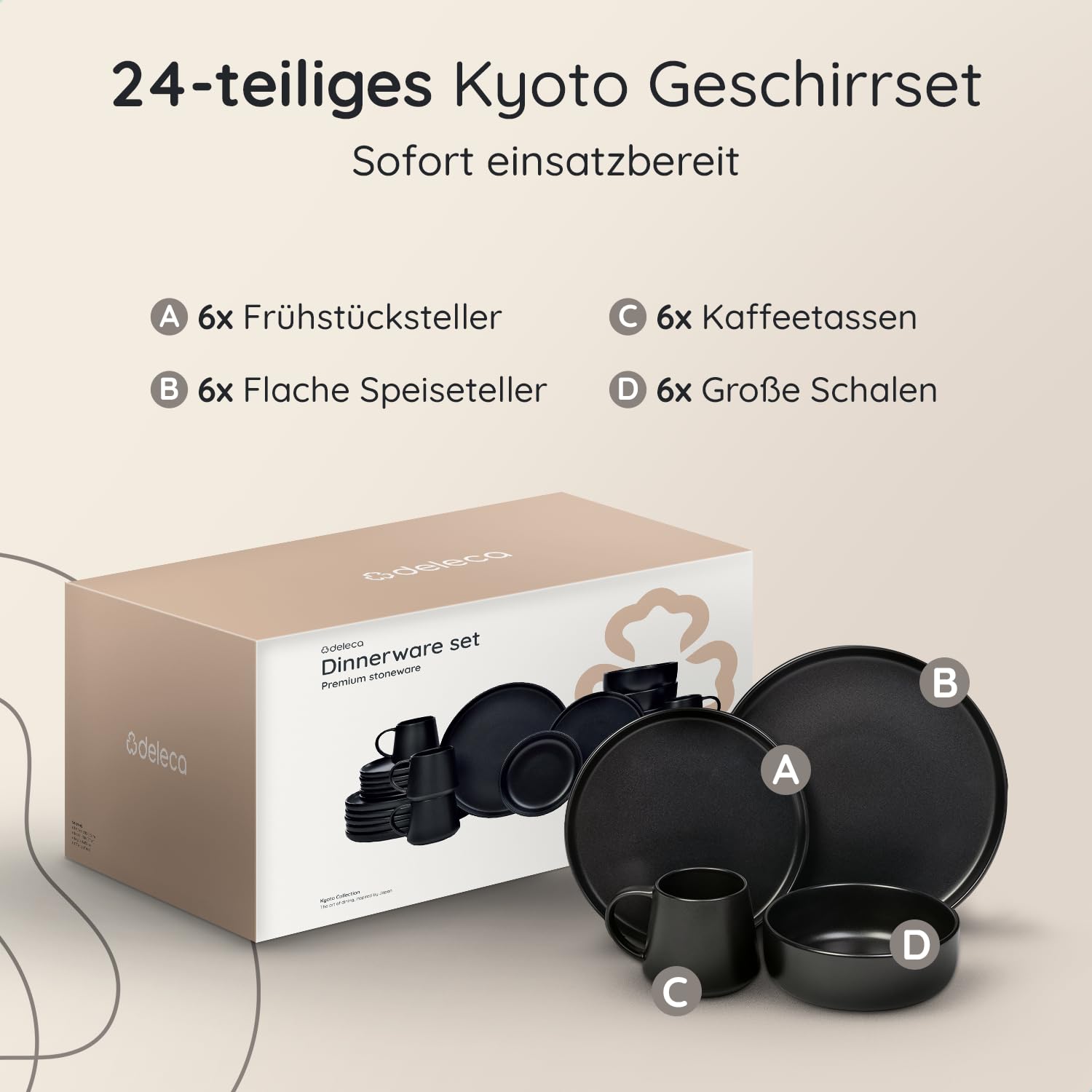 Geschirrset 24 teilig für 6 Personen, Modernes Steingut Tafelservice im Japandi Stil, Schwarzes Geschirr Set mit Tellern, Schalen & Tassen, Teller Steinzeug, Kombiservice 6 Personen & Tafelgeschirr