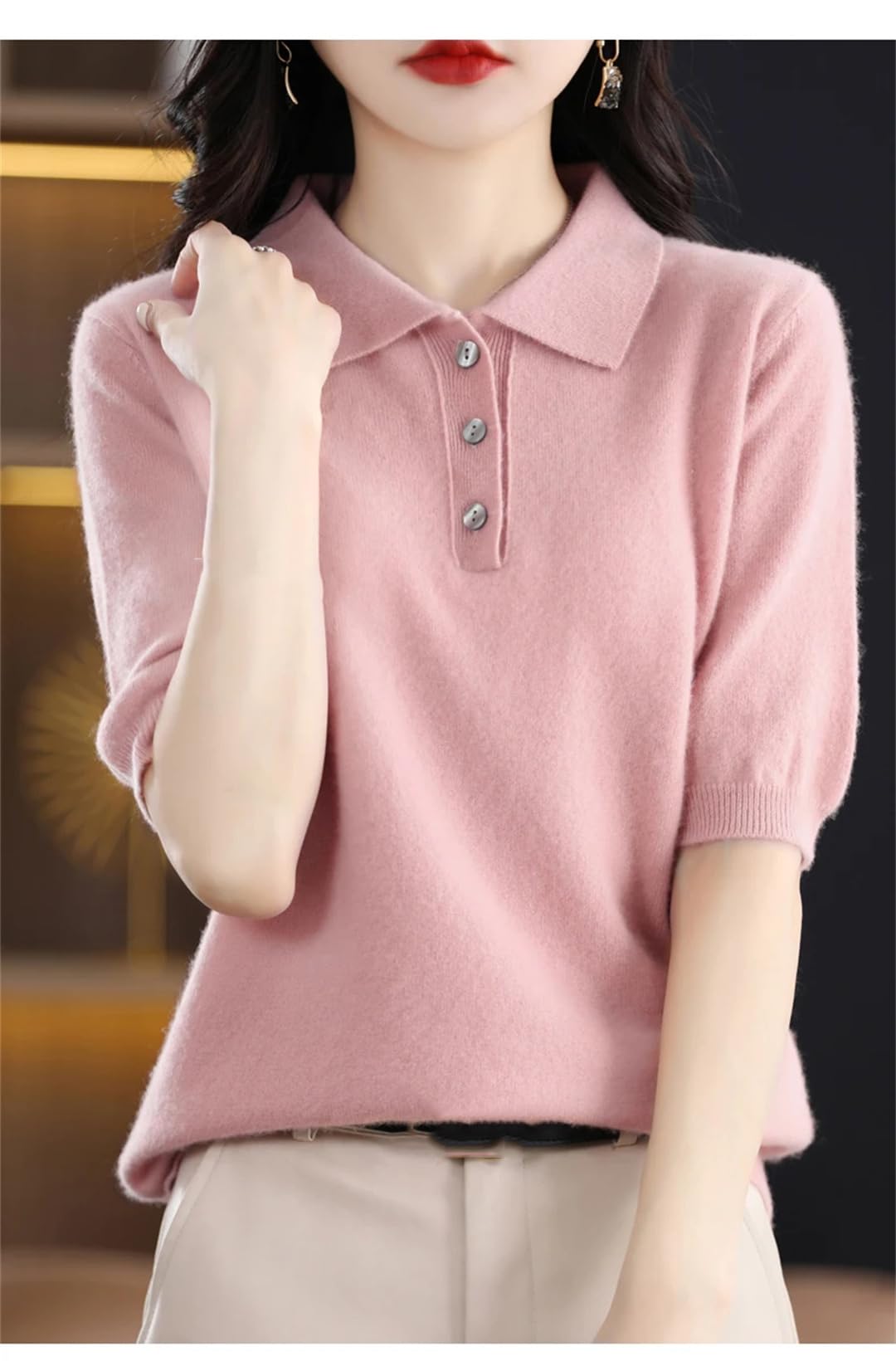 Wjnvfioo Lana Merino Manica Corta Donna Tinta unita Primavera ed Estate Risvolto Mezza Manica T-Shirt Camicia Corta Moda Top..