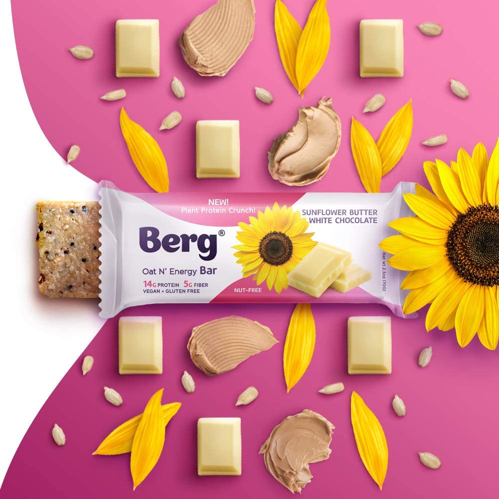 Berg Oat N' Energy Bar | Sunflower Butter White Chocolate | Plant Based Protein Bar | Non-GMO, Gluten Free, Nut Free and Vegan | Low Sugar, Healthy Snack Bar | High Fiber | On The Go | 2.5oz (8 Packs)