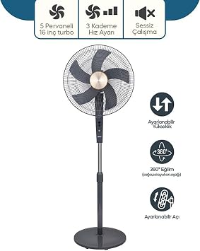 Sinbo SF-6788 Ayaklı Vantilatör, 3 Kademeli - 40 cm (16 İnç) Çap, 75W Yüksek Performanslı Alüminyum Motor, Ayarlanabilir Yükseklik ve Geniş Açı Salınım, Güçlendirilmiş Dengeli Haç Ayak