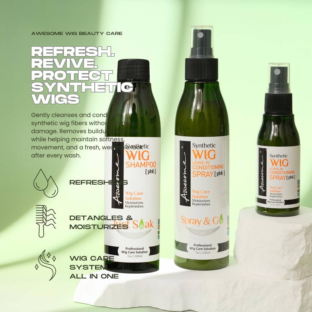 Awesome Synthetic Wig Shampoo and Leave in Conditioner Spray: pH6, Premium Set of 2, Revitalizes Synthetic Wigs, Contains Coconut Oil, 7 Fl Oz (Pack of 2)