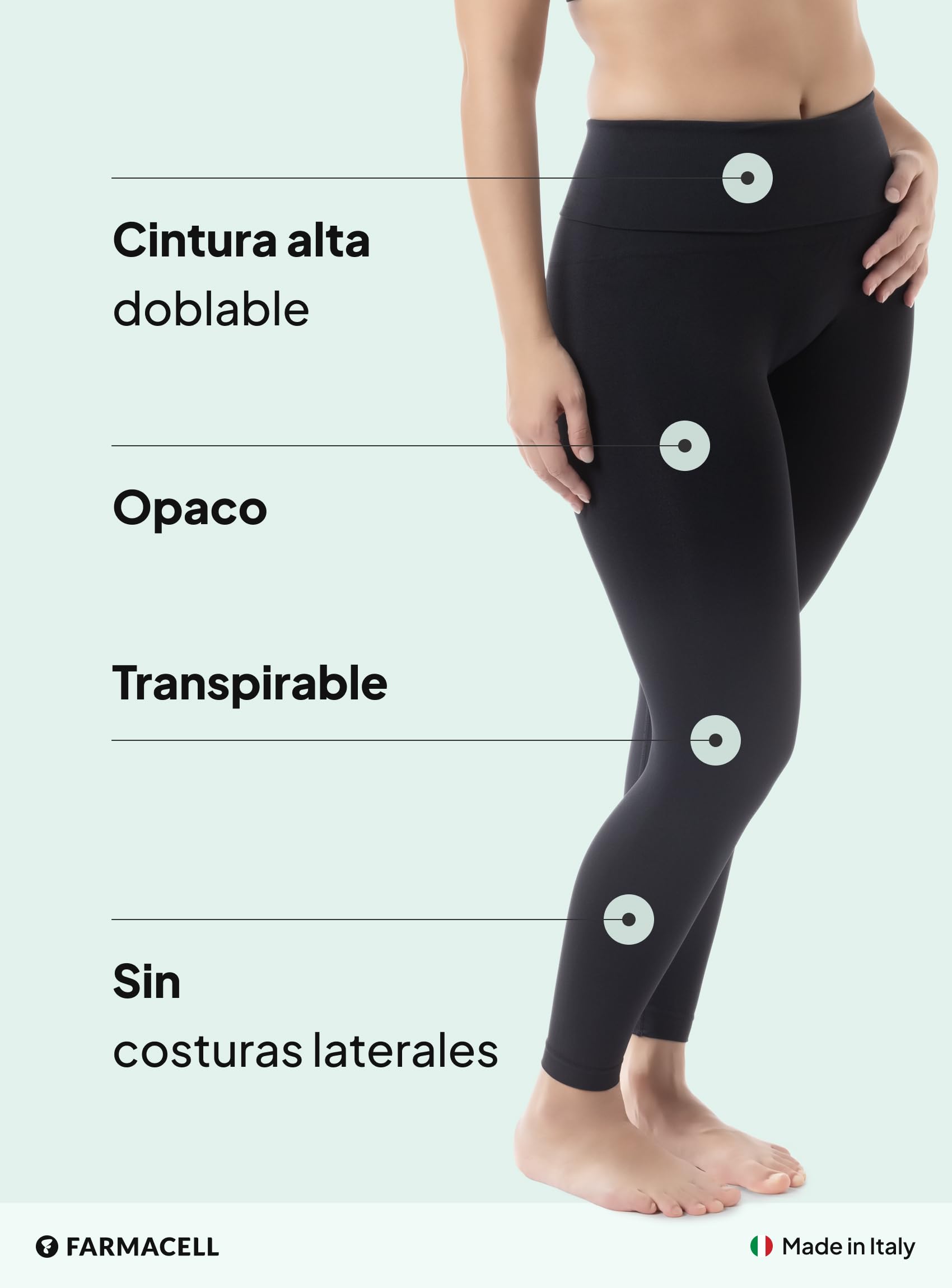 Farmacell Leggings Mujer con Cintura Alta Doblable y Efecto FIR Anticelulitis, Made in Italy, 609Y
