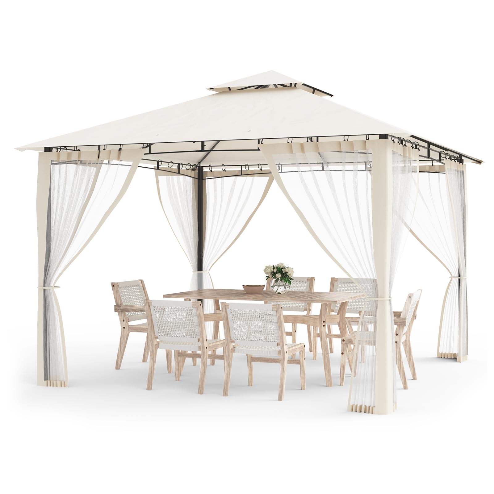 Amopatio Cenador de Jardín, 2.75x2.75m, Doble Techo Impermeable con Mosquitera Incluida - Pergola Exterior de Metal para Fiestas, cenador de Metal para Piscina,Beige