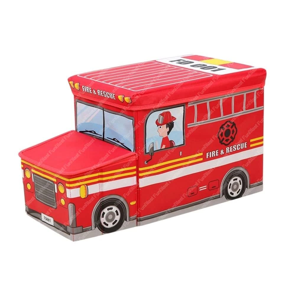 FunBlast Storage Box Cum Sitting Stool - Fire Rescue Bus Shaped Folding Storage Box, Muti-Functional Foldable Storage Box Basket Bin Organizer Stool For Kids, Storage Boxes For Toys For Kids, Multi