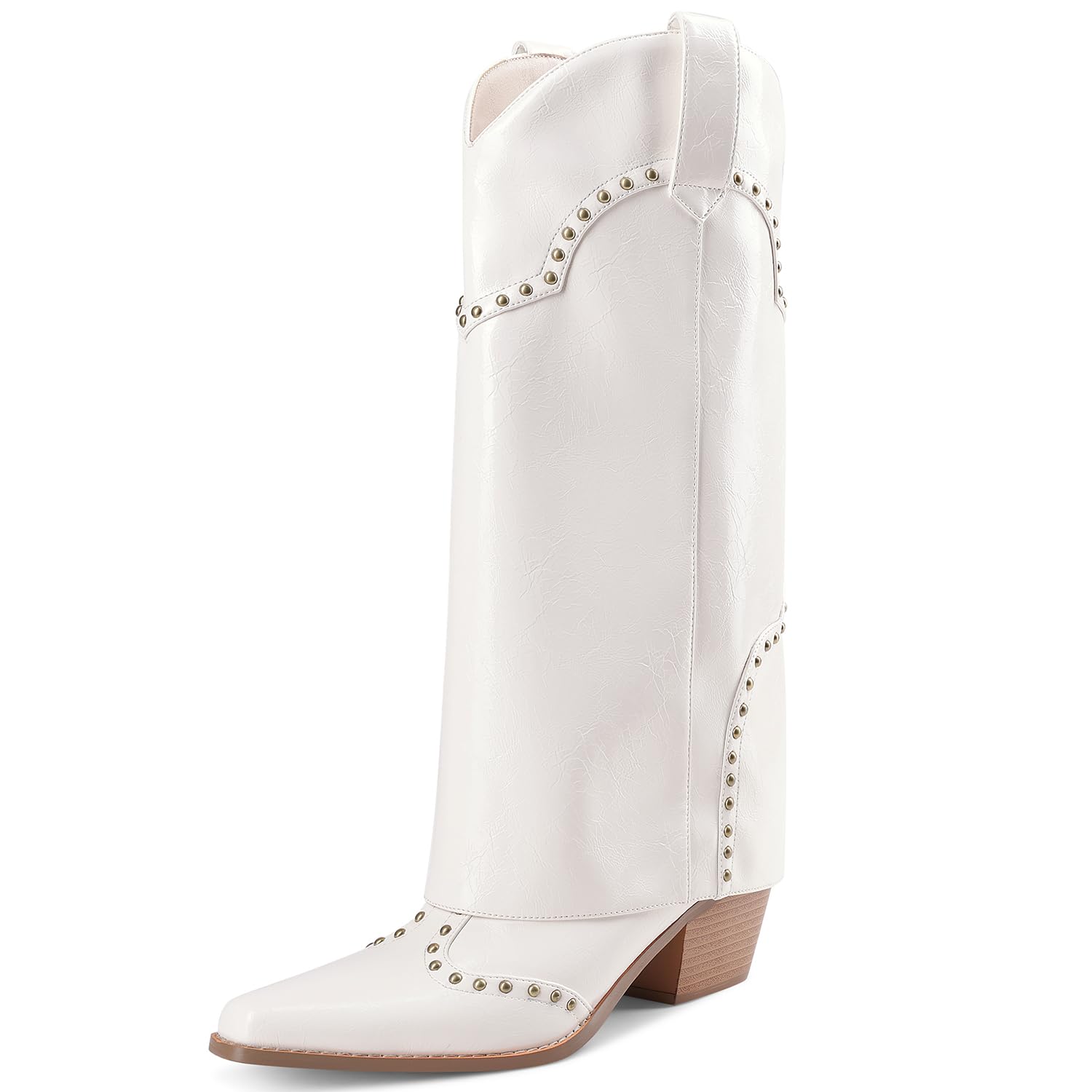 Women Shark Boots Fold Over Mid Calf Chunky Heel Snip Toe Cowboy Cowgirl Pull On Studded Boots for