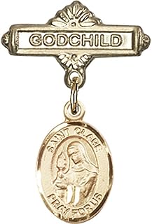 14kt Yellow Gold Baby Badge with St. Clare of Assisi Charm and Godchild Badge Pin 1 X 5/8 inches