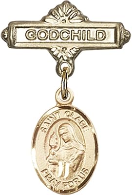 Gold Filled Baby Badge with St. Clare of Assisi Charm and Godchild Badge Pin 1 X 5/8 inches
