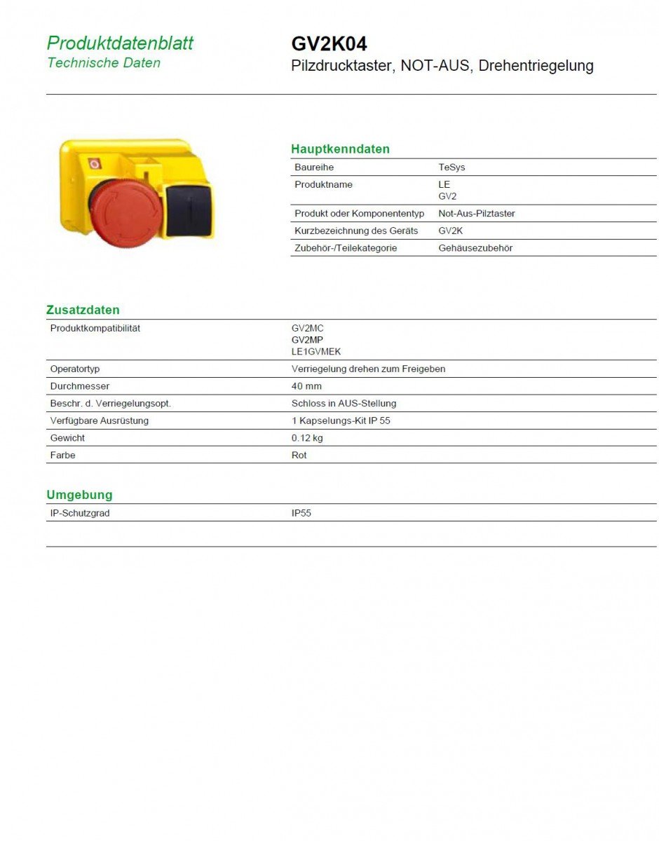 Schneider Electric - TeSys GV - tête pour bouton-poussoir Ø40mm - tourner pr déverrou.- Ø22mm - rouge - GV2K04