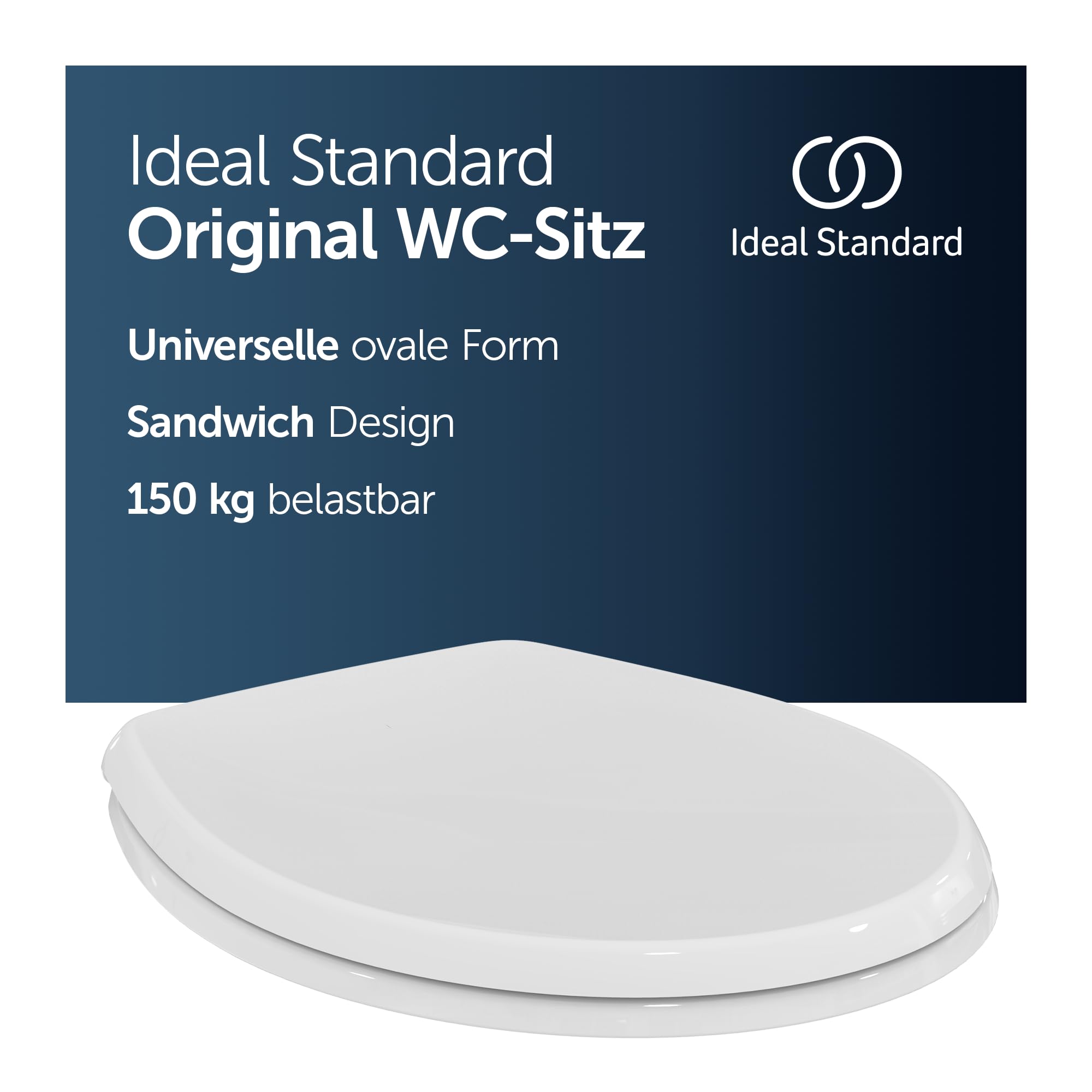 Ideal Standard Eurovit Universal WC-Sitz, Langlebiger Toilettensitz in ovaler Form, UV-resistent und bis 150 kg belastbar, aus robustem Duroplast – Weiß (370x440 mm)