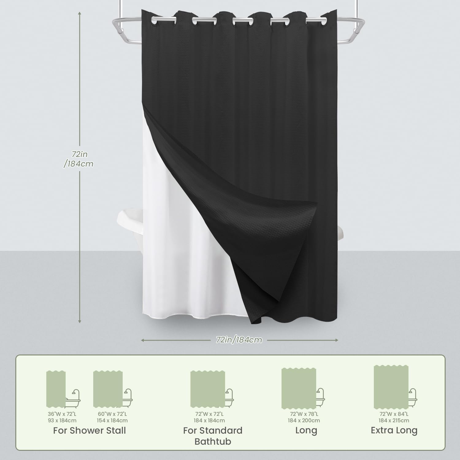 Inhousolu No Hook Waffle Weave Shower Curtain with Removable Snap in Fabric Liner Set for Bathroom, 230 GSM Heavy Duty Weighted Hem, Water Repellent Washable Bath Curtains, 72 x 72 Inch, Black