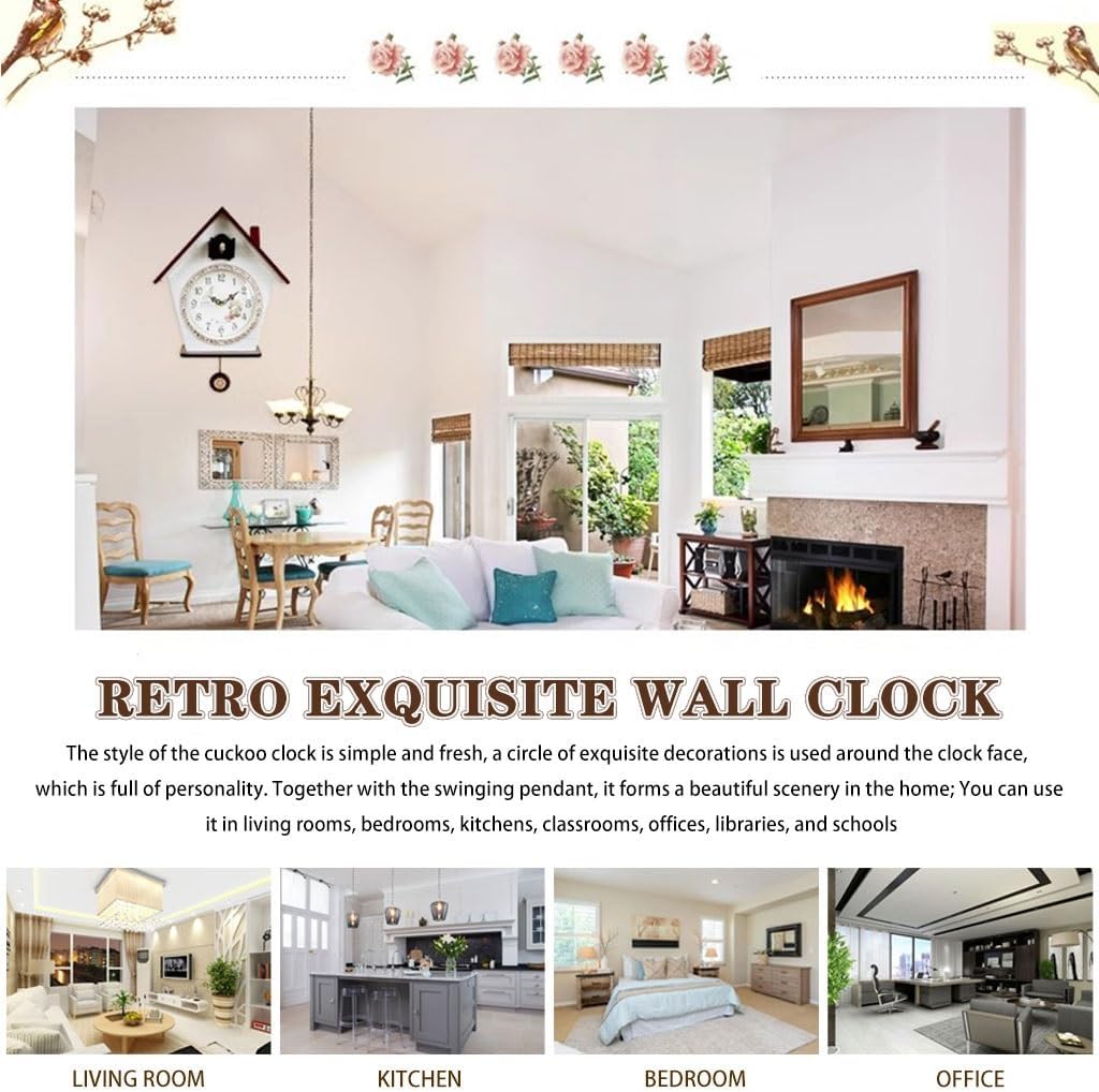 Cuckoo Clocks Wall Clock Decor Farmhouse Creative Silent Wall Clock, European Style Living Room Decoration, Battery Powered Cuckoo Clock, with Glass Mirror (Color : White, Size : Arabic Dial)
