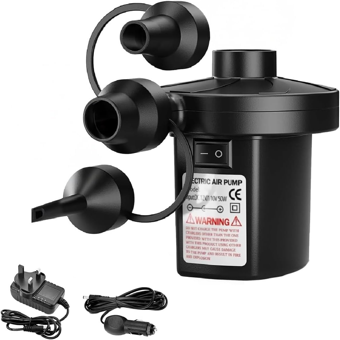 Active 100 Portable Electric Air Pump - Quick Inflate & Deflate, 3 Nozzles, 50W AC/DC (110-240V/12V) - Durable with Overheat Protection - Perfect for Airbed, Pools, and Outdoor Use (UK Plug)