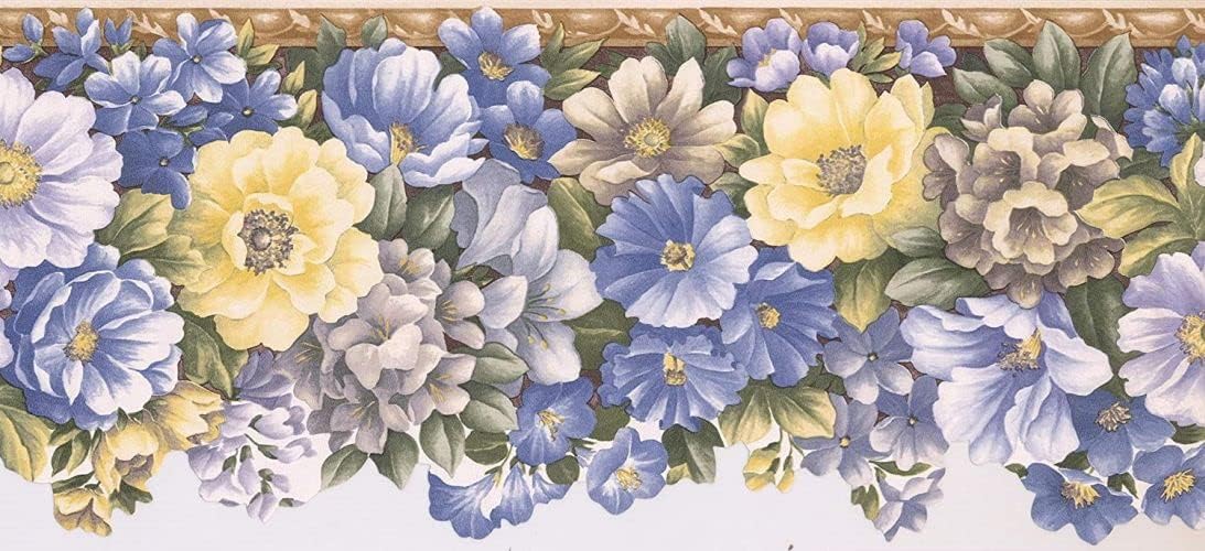 CONCORD WALLCOVERINGS ™ Vintage Floral Garden Wallpaper Border, 8.5" x 15' Purple, Green & Lavender Blooms, Yellow Accents, Prepasted for Cozy Cottage Country Homes #31012357B