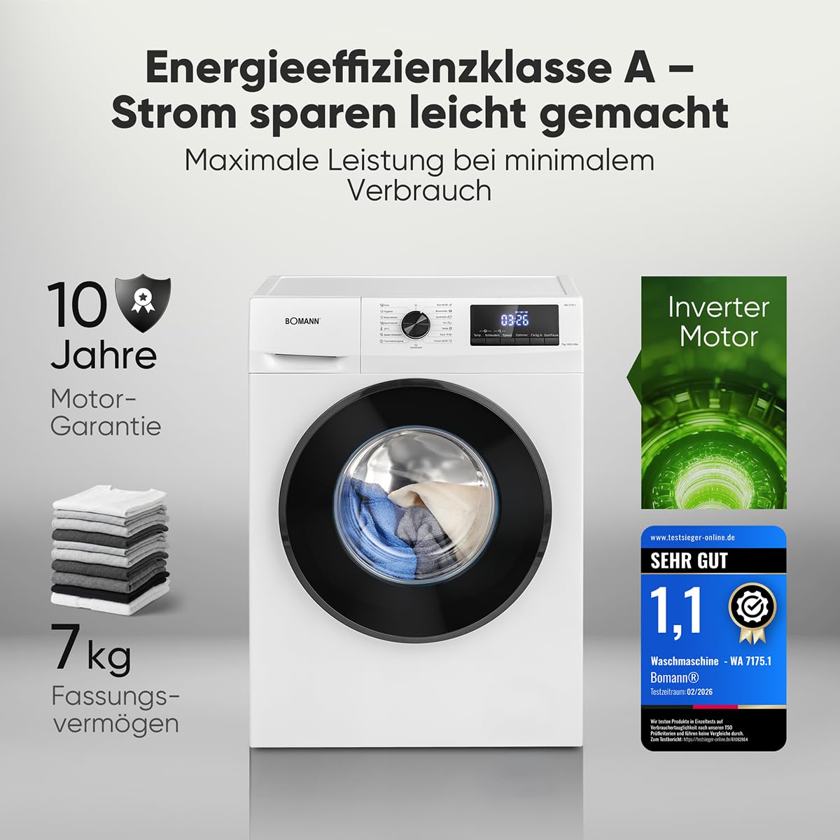 Bomann WA 7175.1 Waschmaschine 7kg 1400 U/min Invertermotor 15 Programme LED-Display weiß