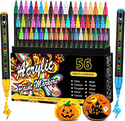 Efimeso Set De 56 Crayons De Feutre Acrylique Pour La Peinture De Roches, Céramique, Pierre, Verre, Bois, Métal, Marqueur Peinture Acrylique À Pointe Extra Fine De 0,7 Mm À Base D'Eau
