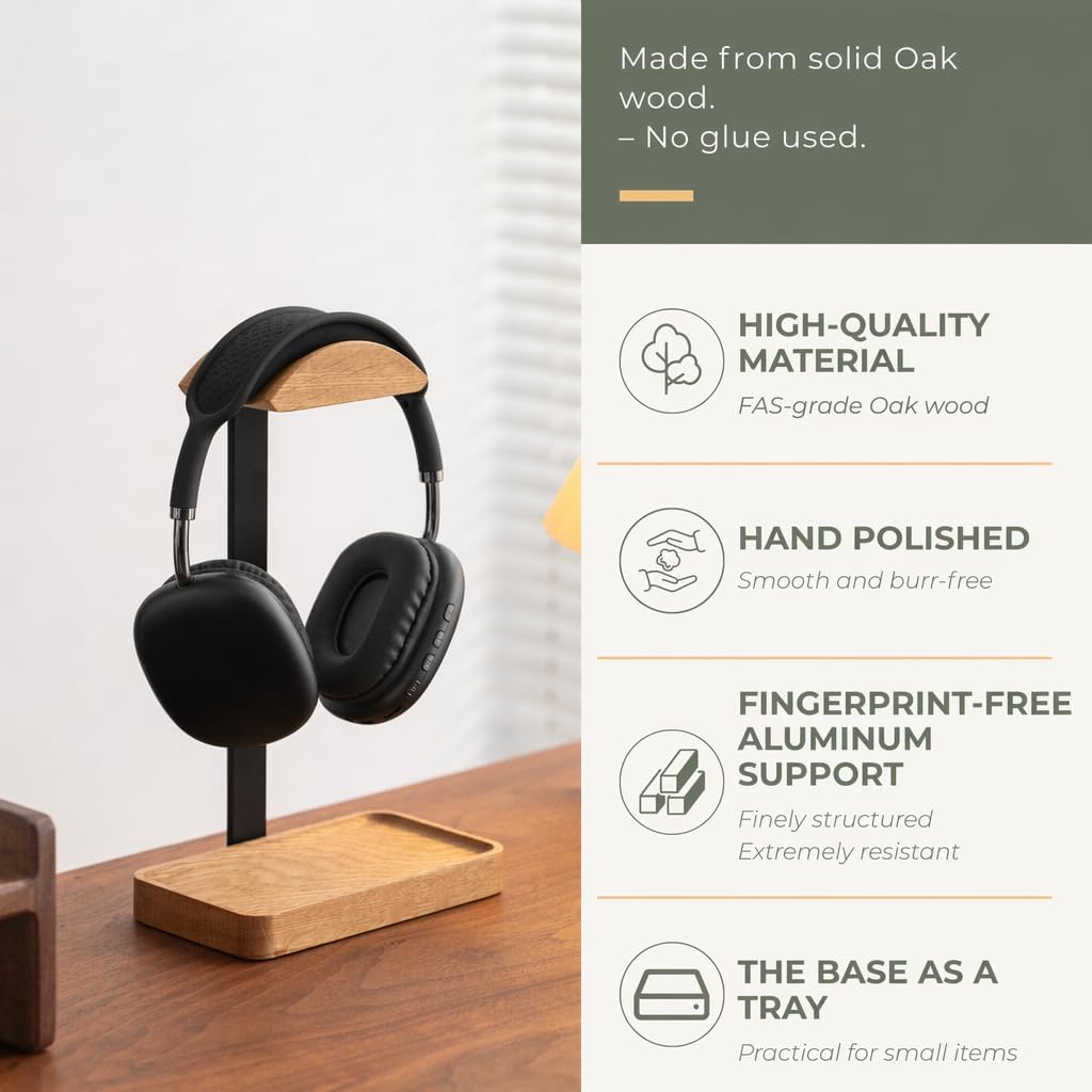 muso wood Oak Headphone Stand, Wood Headset Stand with Storage Base | Desk Holder for Gaming & Office, Compatible with AirPods Max, Bose, Razer Headsets