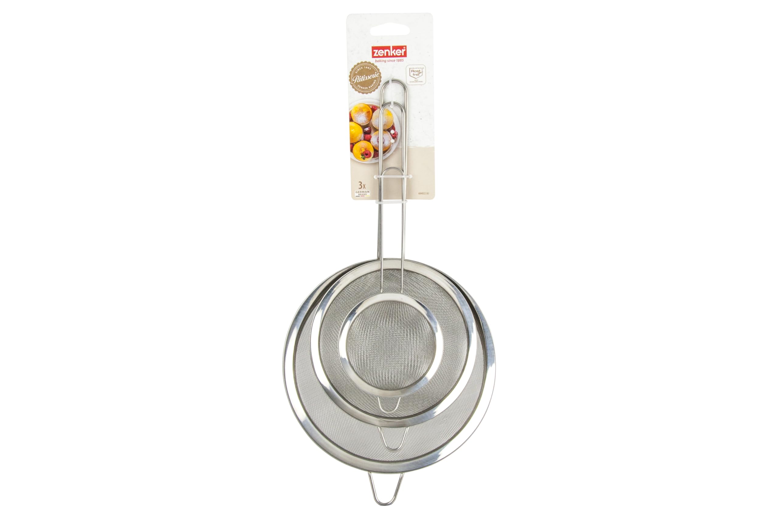Zenker Set of 3 Sieves, Stainless Steel Fine Wire Mesh Strainer with Stainless Steel Handle for Hanging, Colander & Sifter, Sift Strain Drain & Rinse, 10cm 15cm & 20cm, Dishwasher Safe, Silver - Image 2