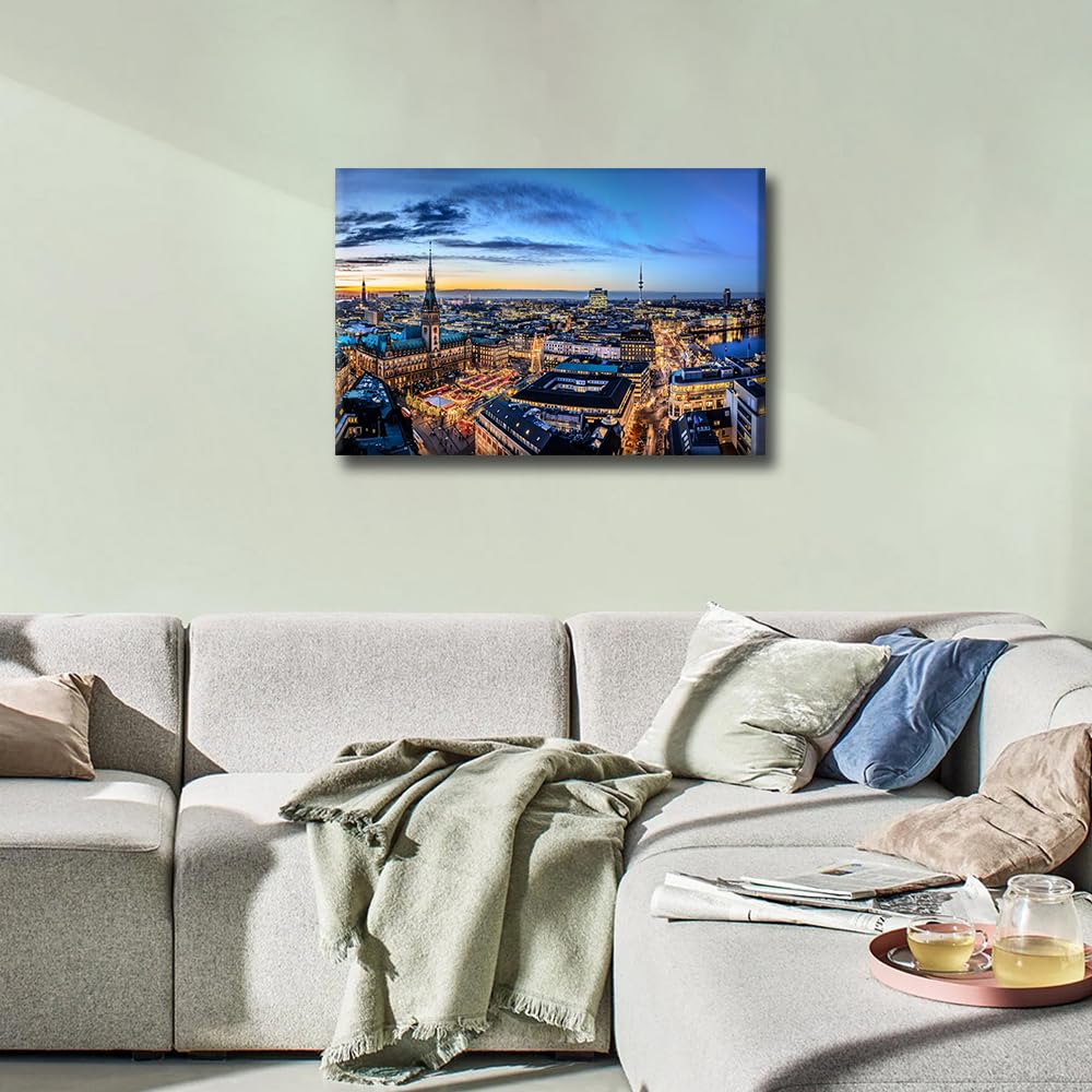 TISHIRON Wall Art Canvas Print - Belfast Skyline Night Cityscape - City Picture for Living Room - Ready to Hang - 24" W x 16" H - Image 3